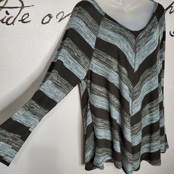 Lapis Women's Plus Size Round V Neck Delaney Stripe Top, Blue, Black & Gray - Picture 2 of 6